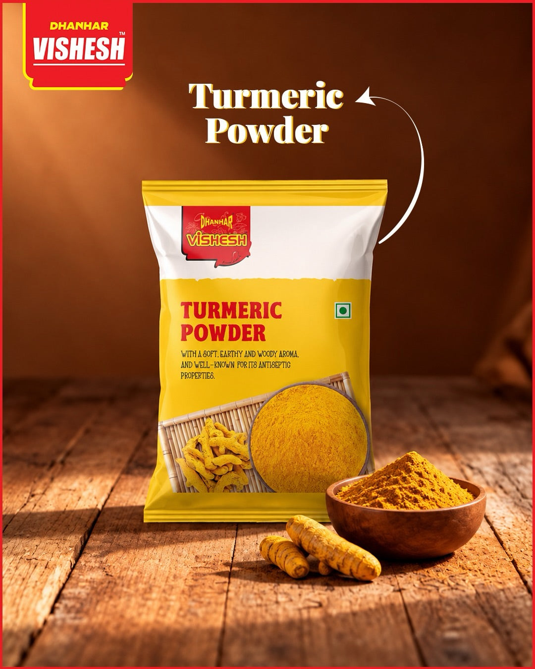 Turmeric Powder pouch with a bowl of turmeric powder