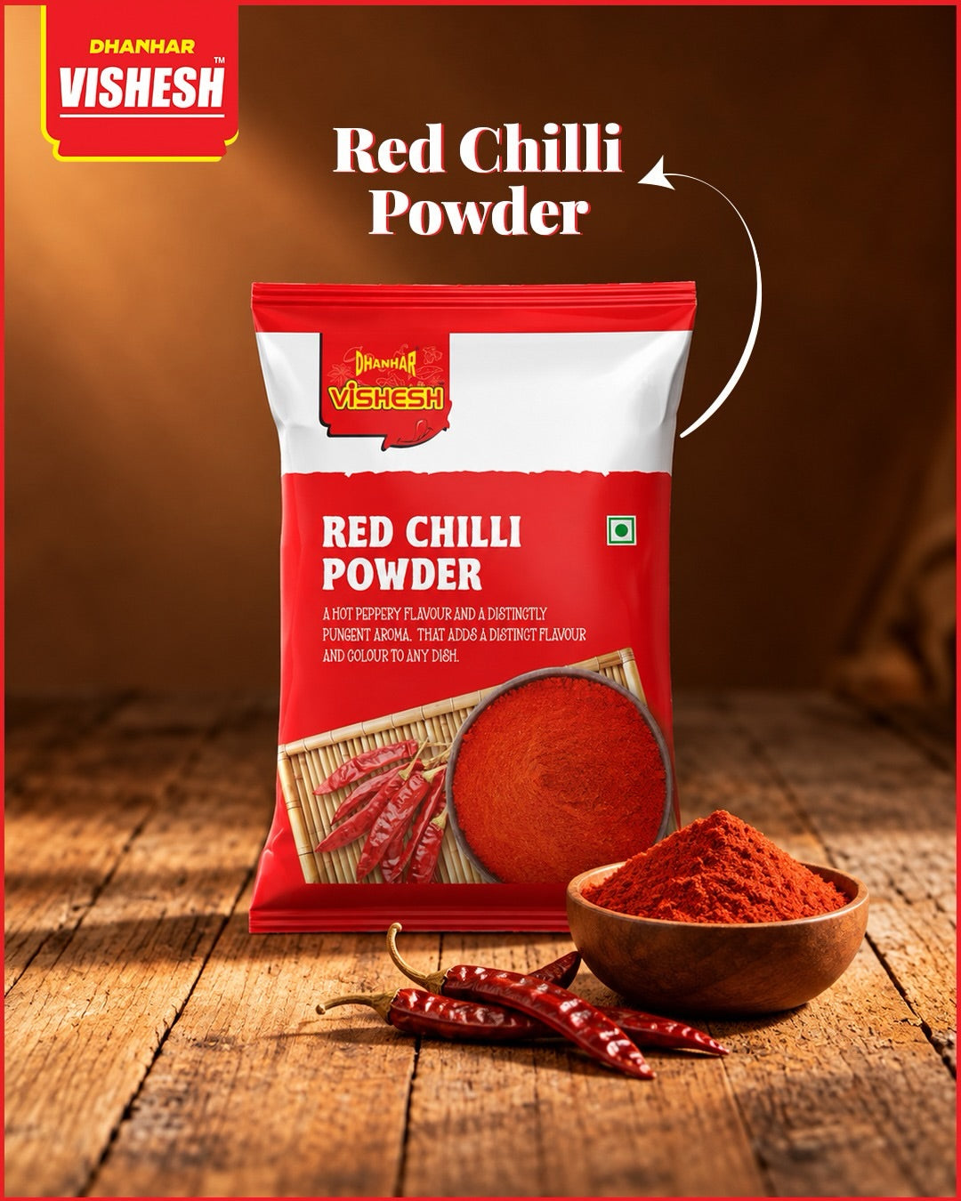 Red Chilli Powder pouch with a bowl of chilli powder and dried red chillies