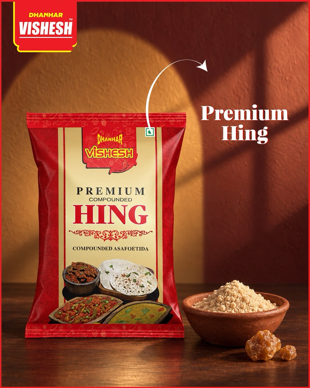 Premium Compound Hing Powder pouch with a bowl of hing powder