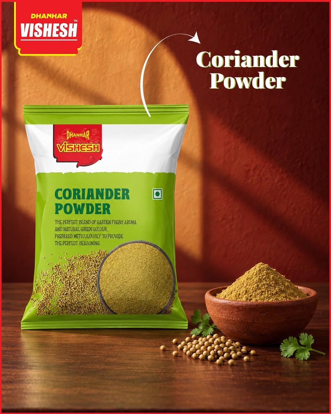 Coriander Powder pouch with a bowl of coriander powder and coriander seeds