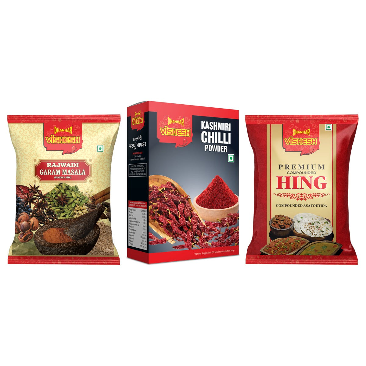 Gujarati Kitchen Combo - Rajwadi Garam Masala, Kashmiri Chilli Powder and Premium Hing