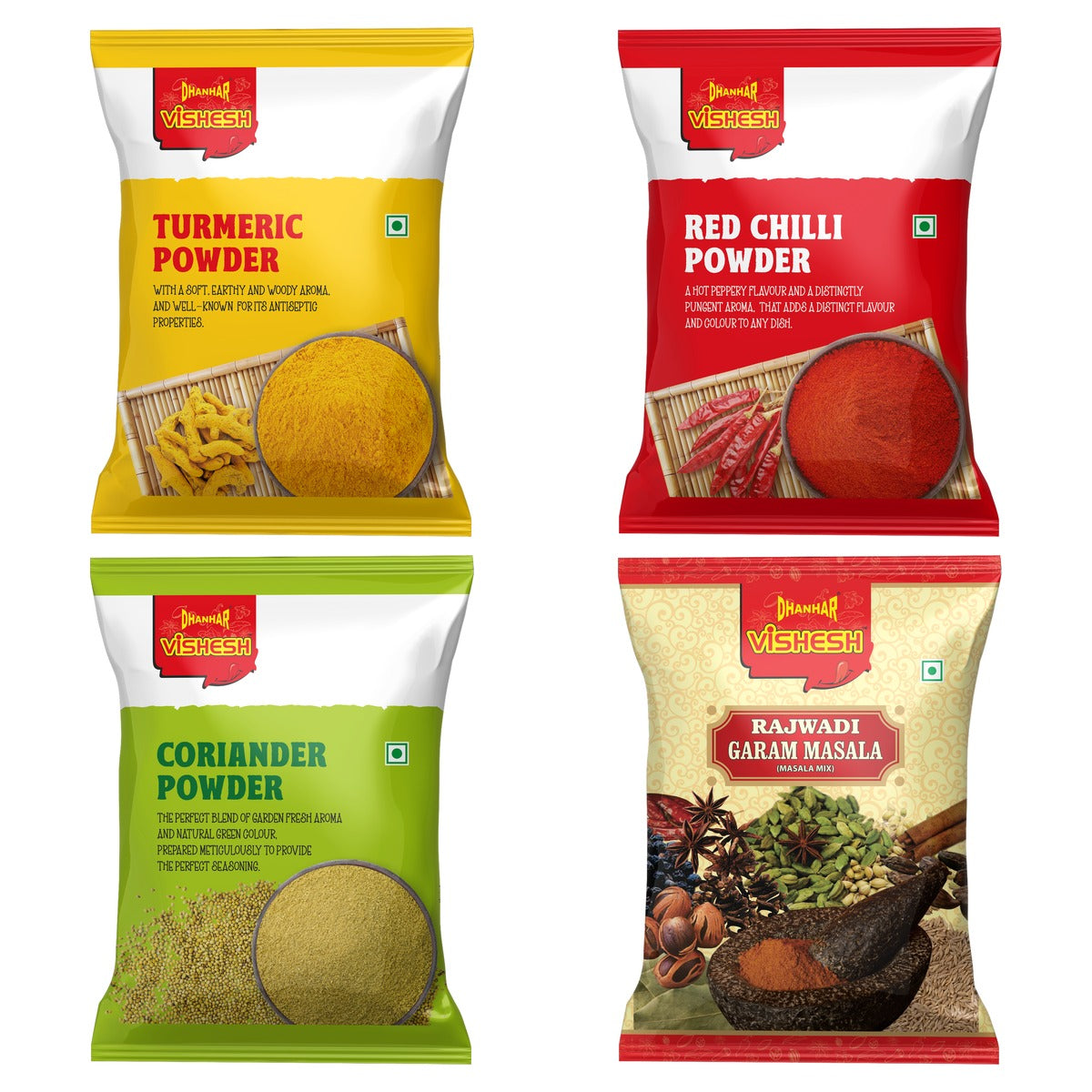 Starter Spice Combo - Turmeric, Chilli, Coriander Powder and Rajwadi Garam Masala 100g pouches